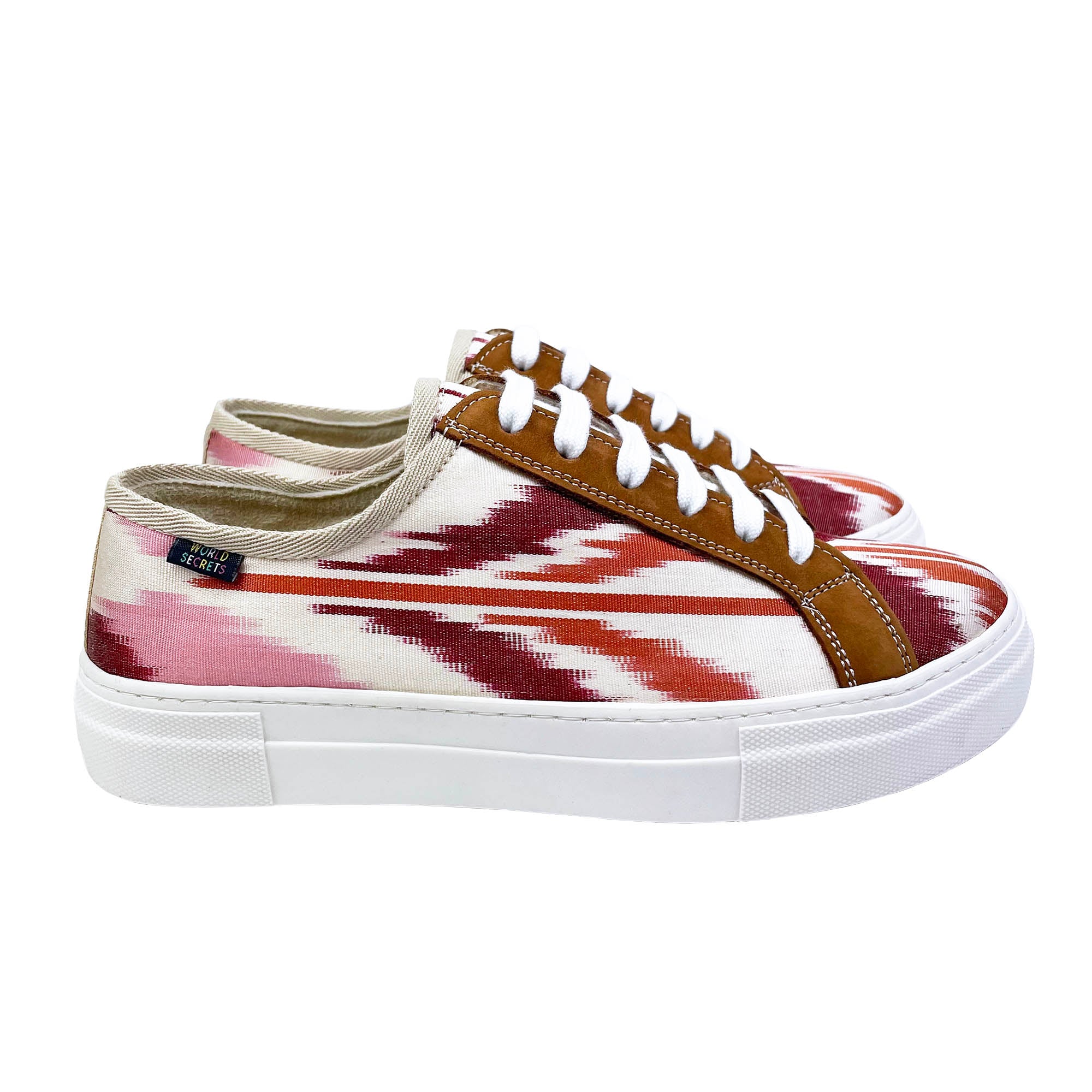 Red, orange, pink and white Ikat silk sneakers with tan leather and white laces