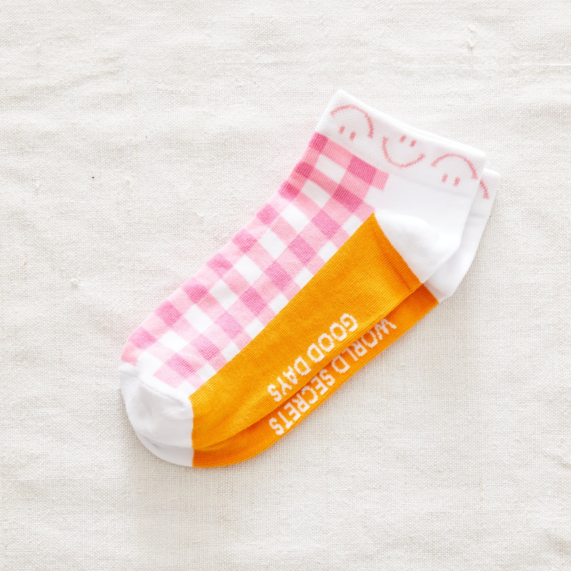 Cotton pink gingham trainer socks with smiley faces and 'Good Days'