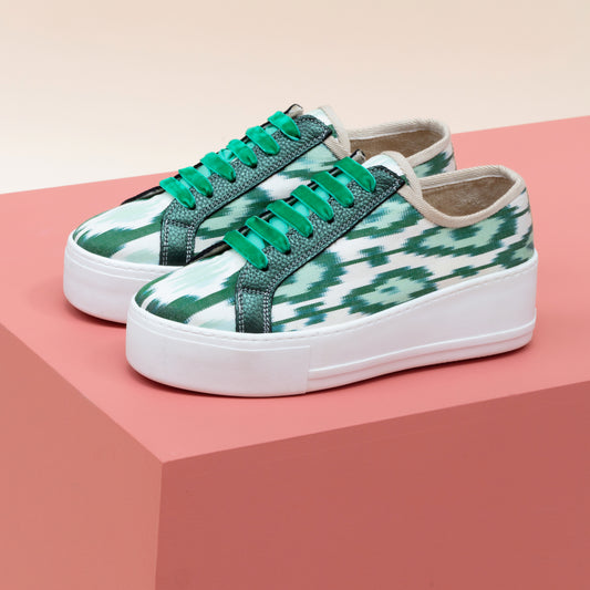 Green Ikat Silk platform sneakers with green velvet shoelaces