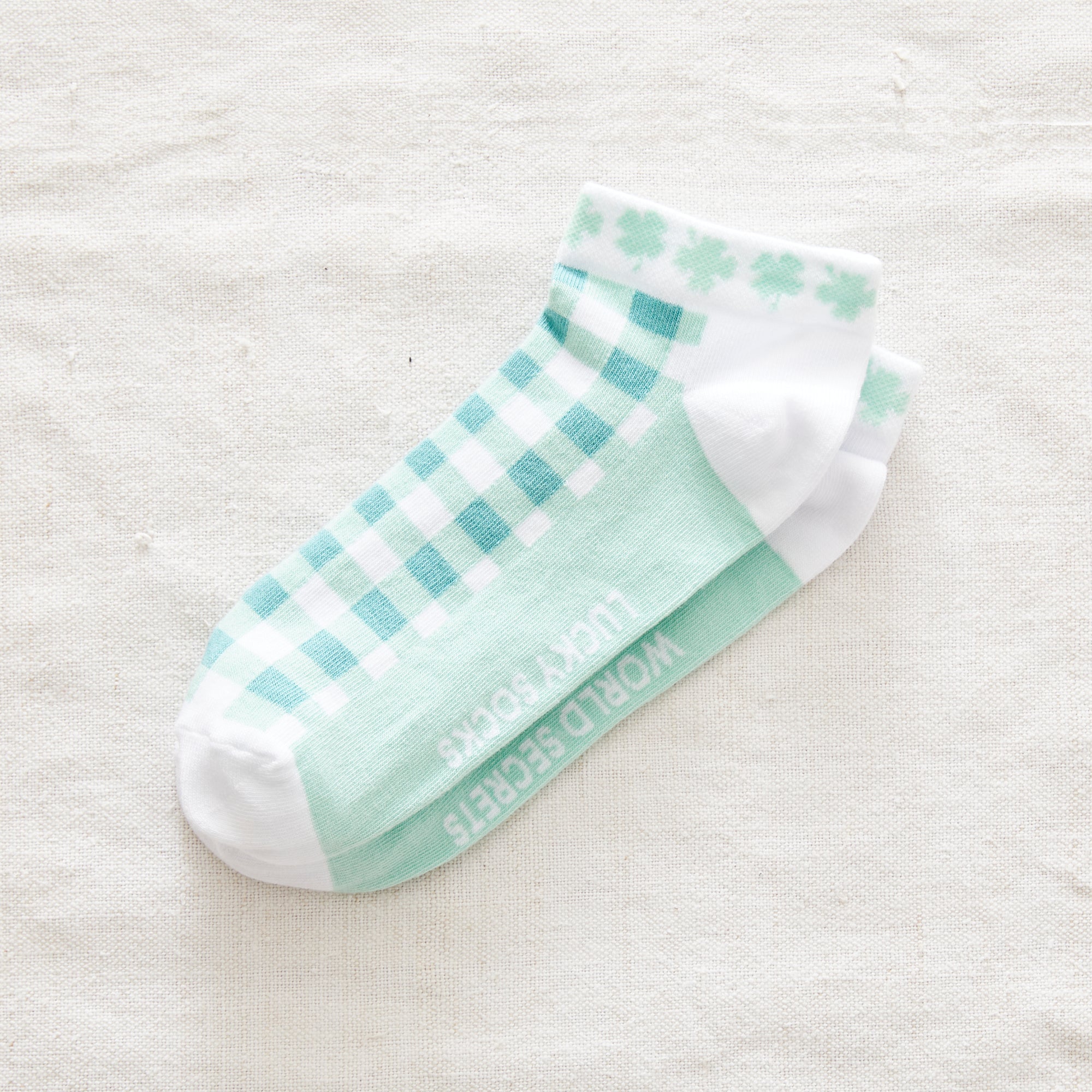 Green gingham cotton trainer socks with 'Lucky Socks'