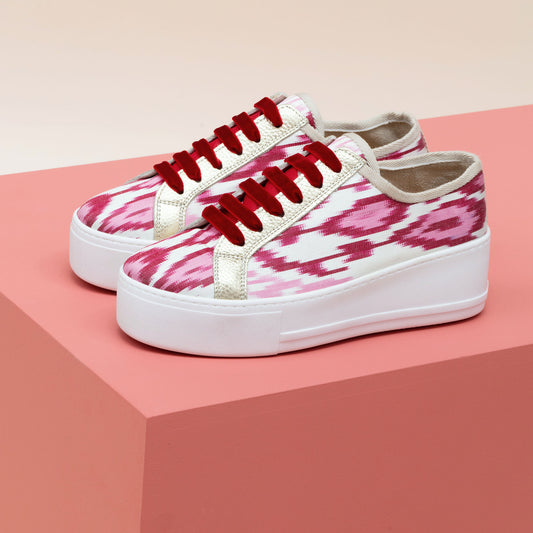 Pink, red and white Ikat silk platform sneakers with gold metallic leather and red velvet laces