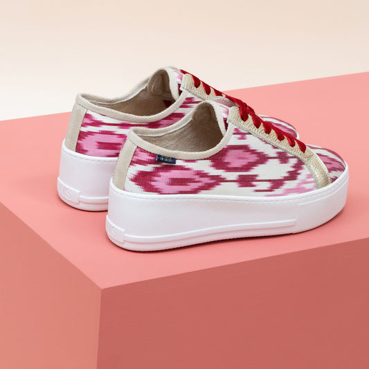 Pink, red and white Ikat silk platform sneakers with gold metallic leather and red velvet laces