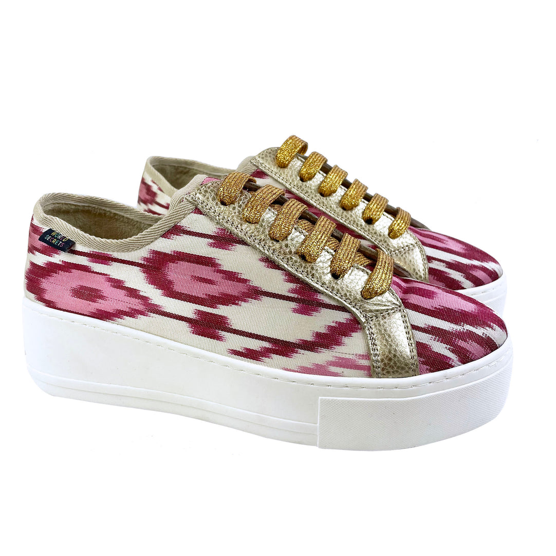 Pink, red and white Ikat silk platform sneakers with gold metallic leather and gold glitter shoelaces