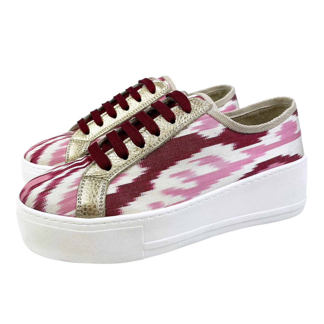 Pink, red and white Ikat silk platform sneakers with gold metallic leather and burgundy shoelaces