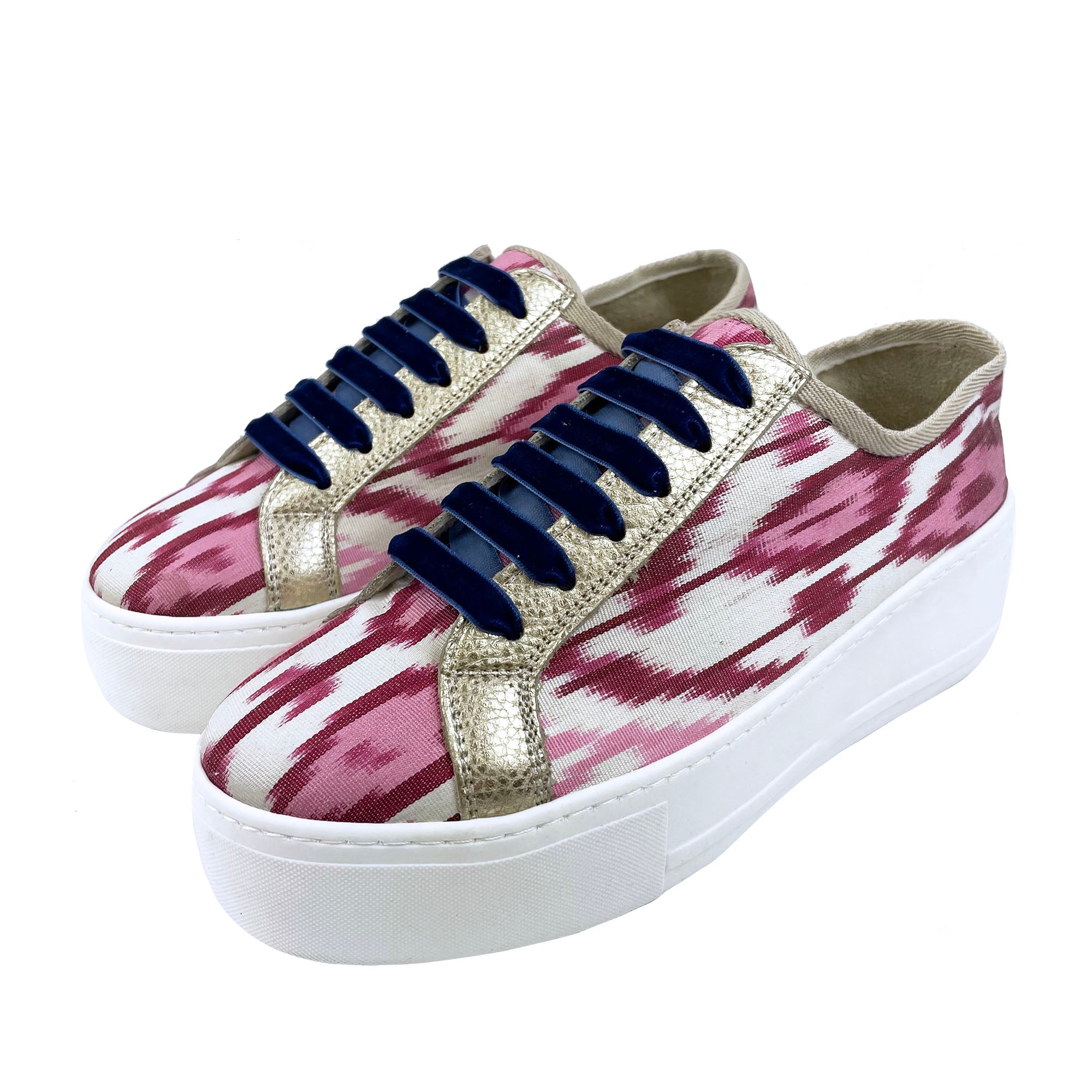 Pink, red and white Ikat silk platform sneakers with gold metallic leather and navy velvet laces