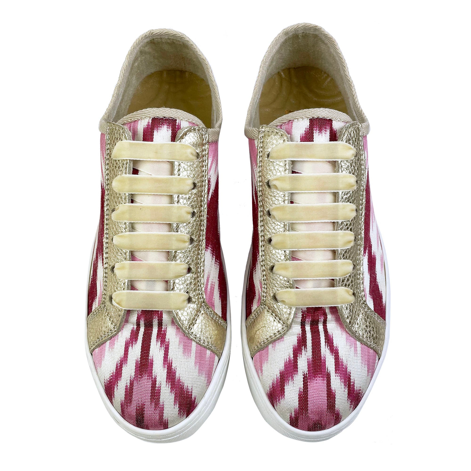 Pink, red and white Ikat silk platform sneakers with gold metallic leather and cream velvet shoelaces