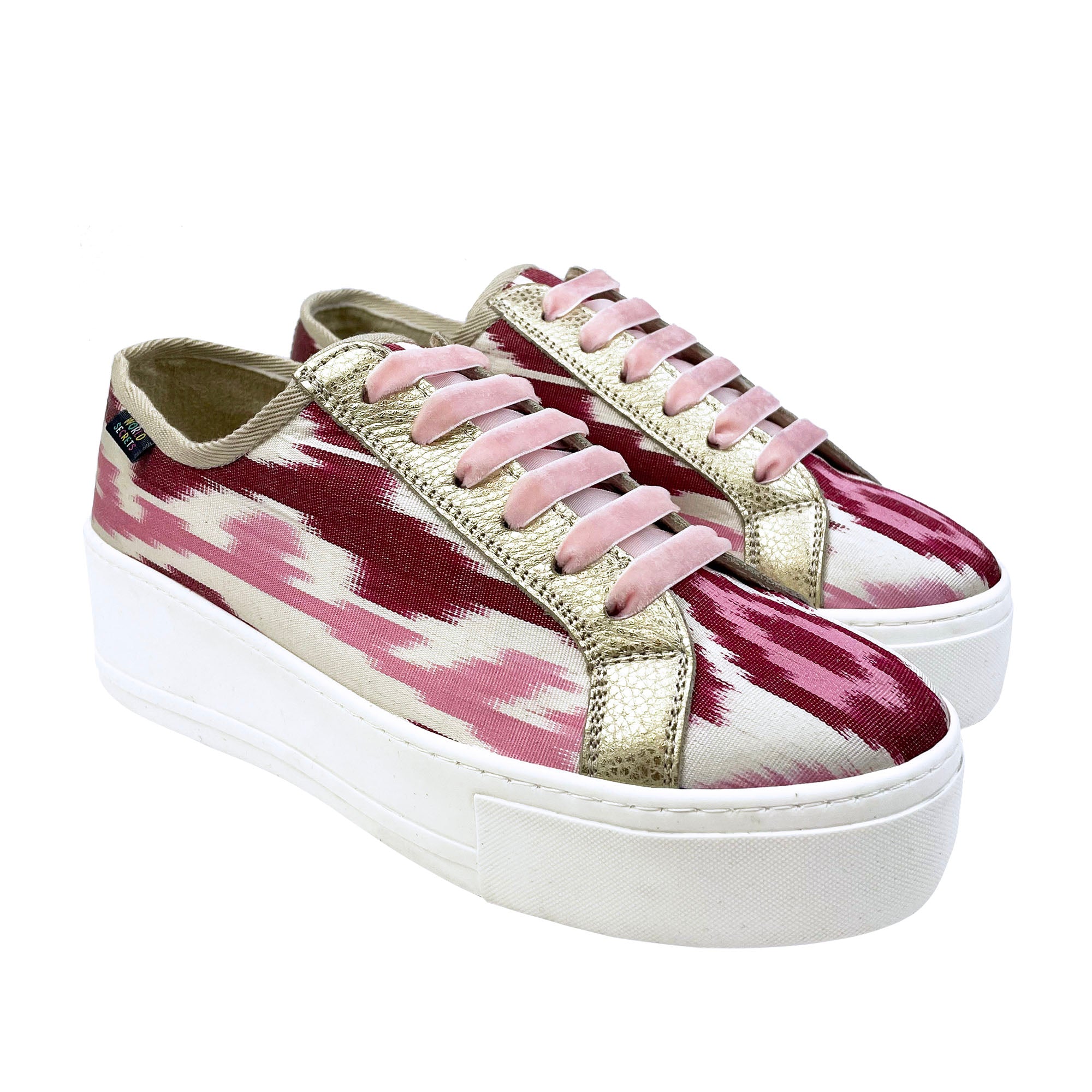 Pink, red and white Ikat silk platform sneakers with gold metallic leather and pale pink velvet laces