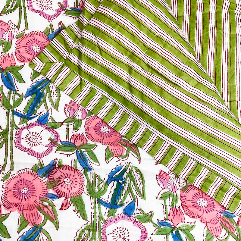 Kingsize Quilt - Pink & Green Floral Stripe