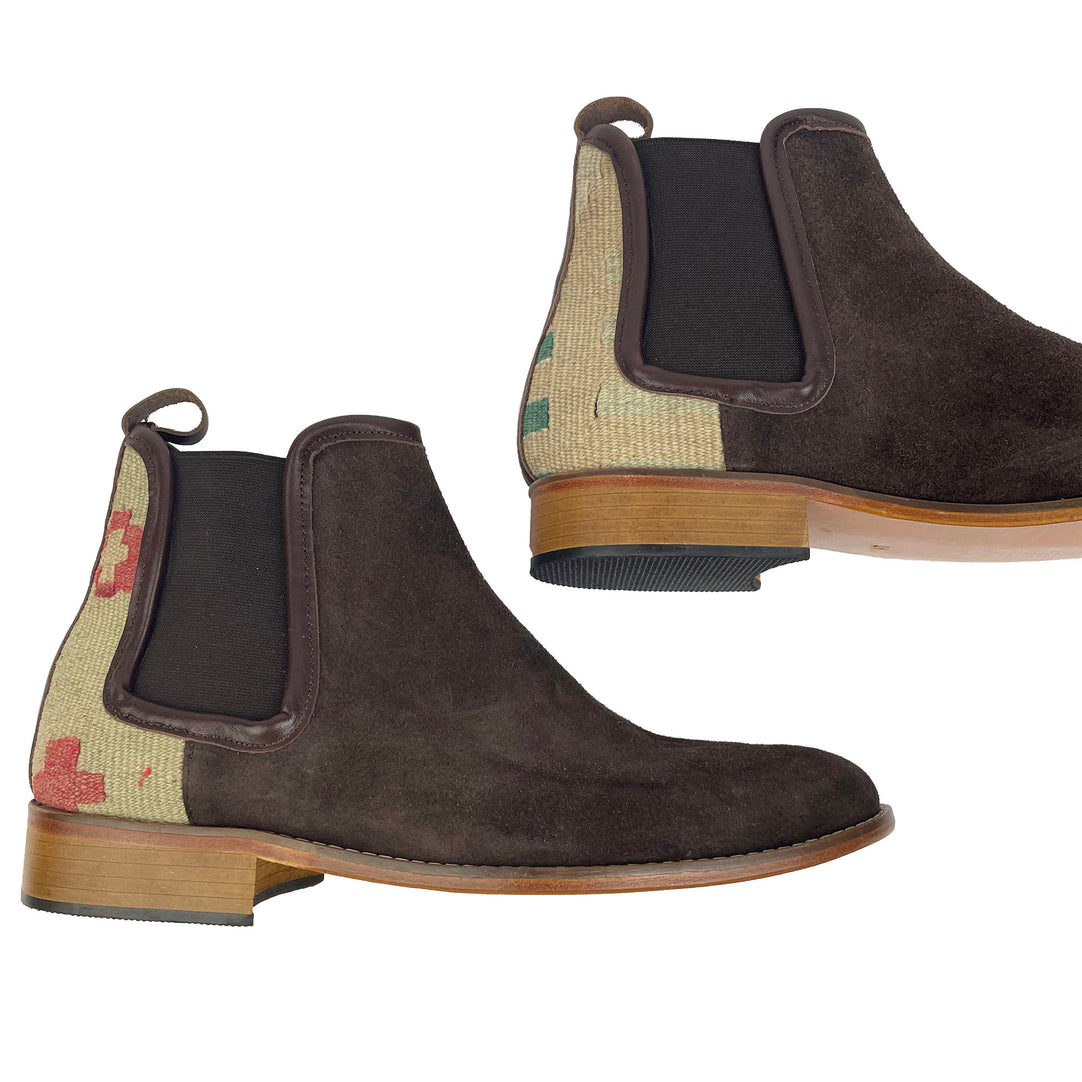 Brown suede boots with kilim rug details
