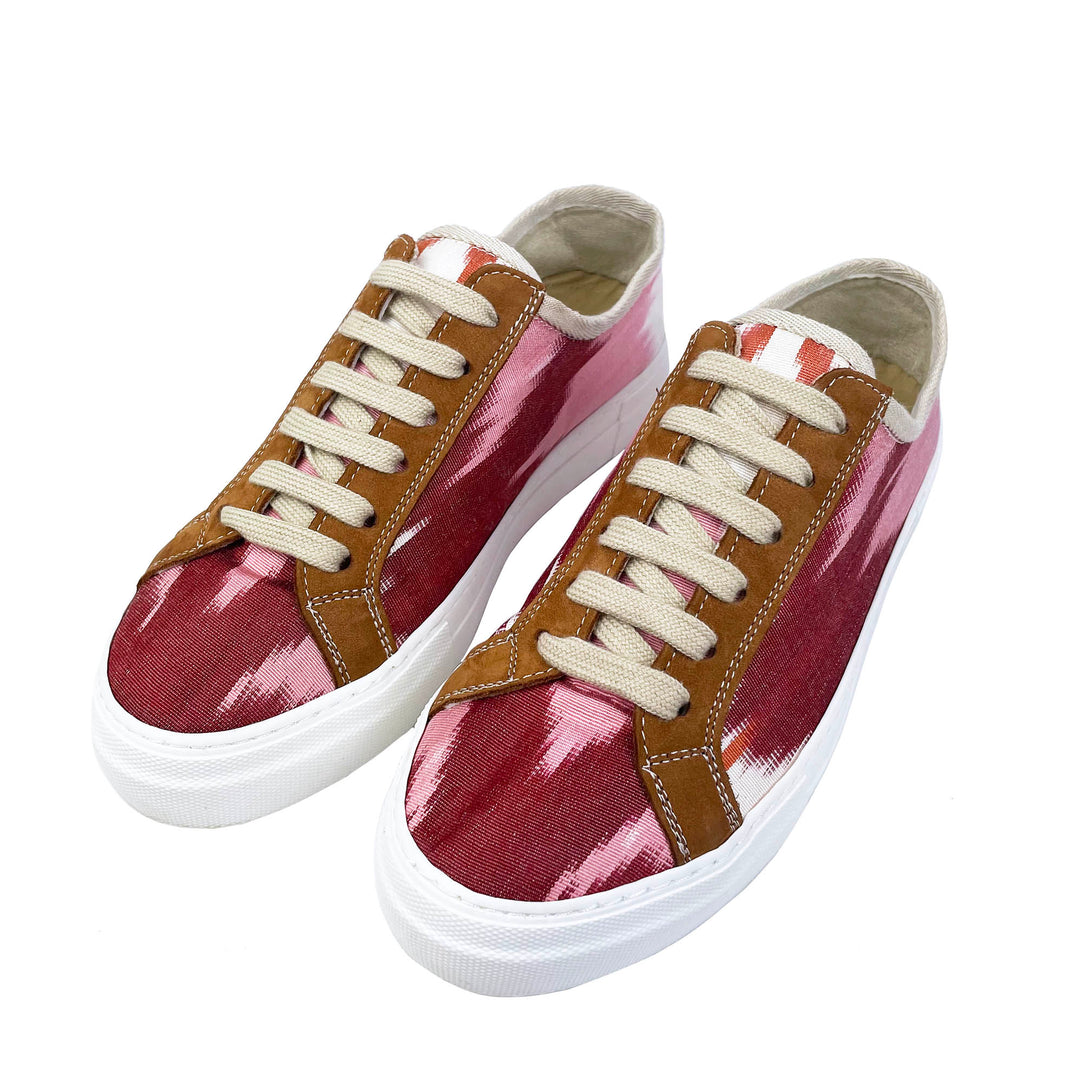 Red, pink, orange and white Ikat silk sneakers with tan leather and beige laces