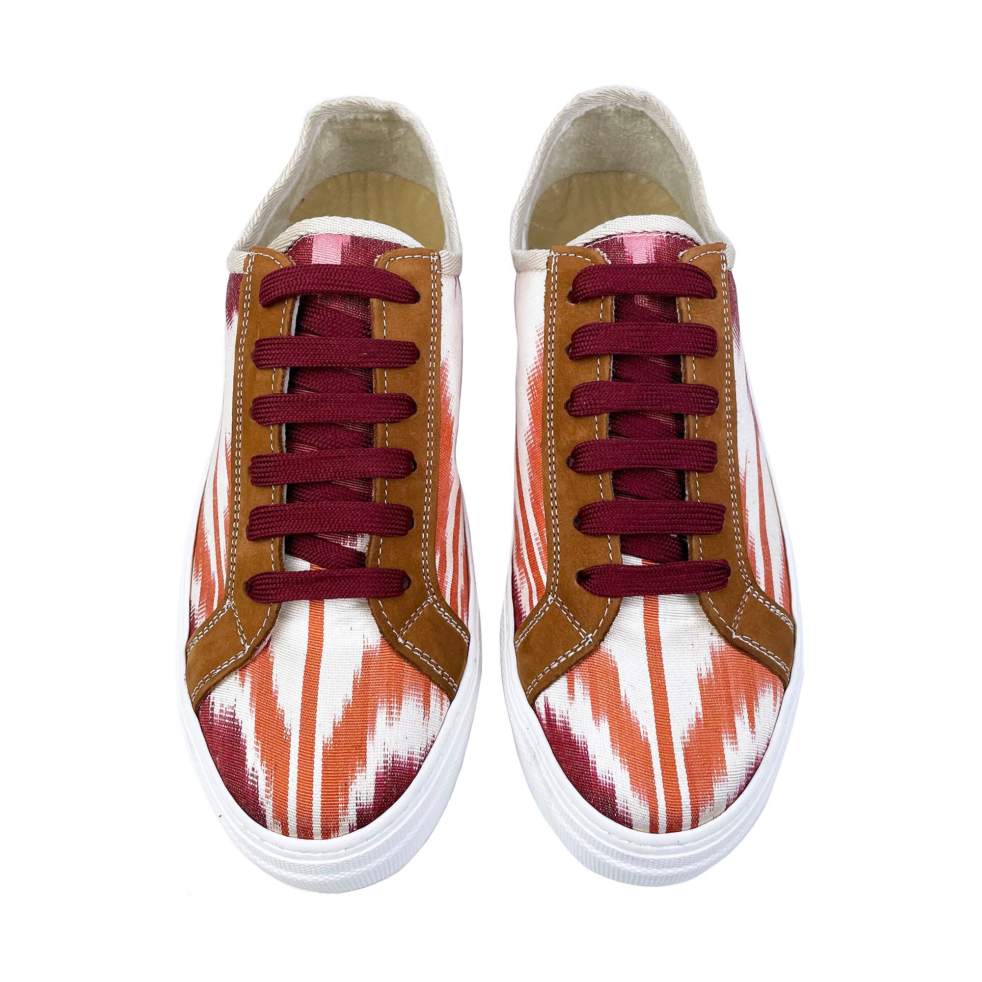 Red and orange Ikat Silk sneakers with Burgundy laces and tan leather