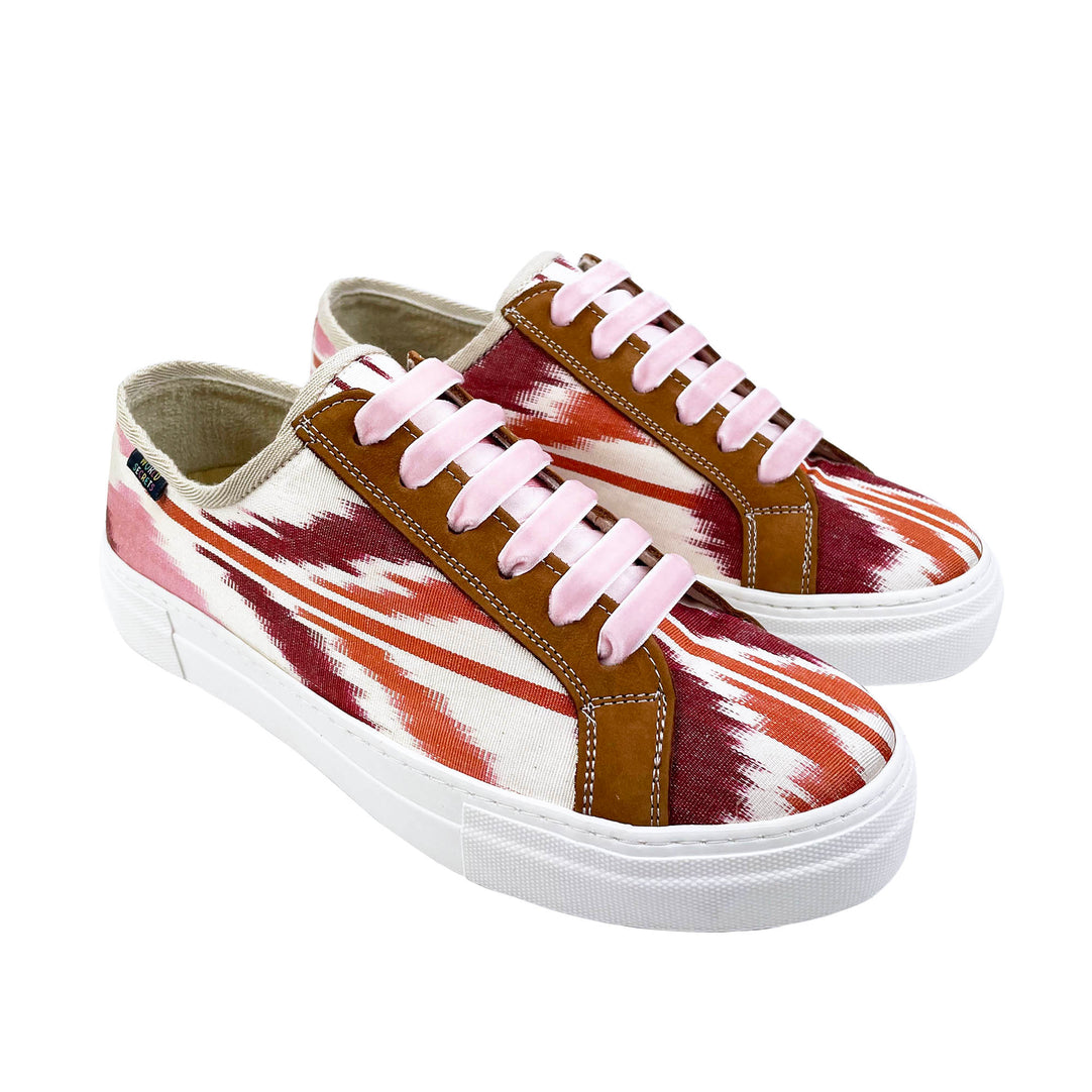 Pink, Orange, red and white Ikat silk Sneakers with tan leather and pale pink velvet laces