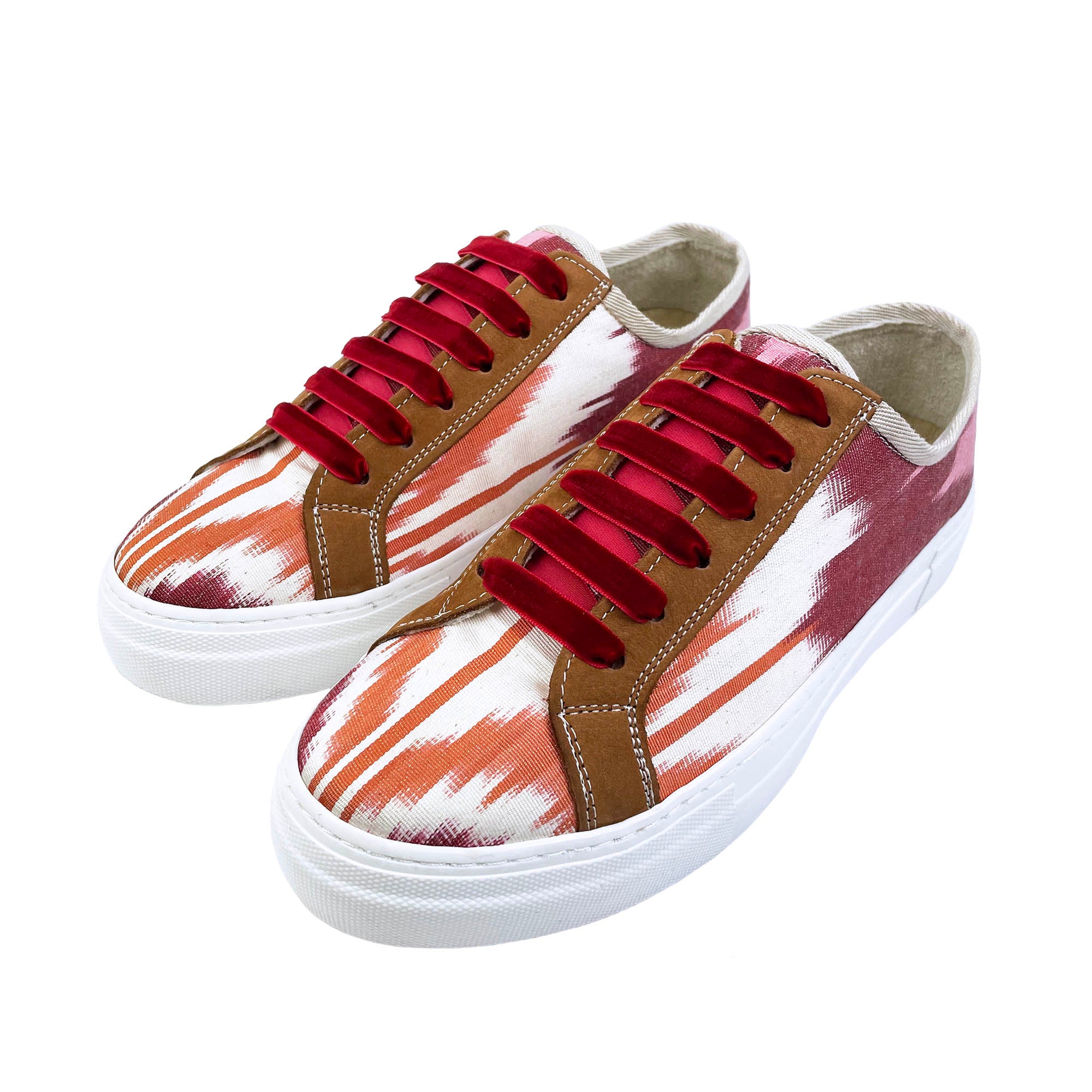 Red and Orange Ikat Silk Sneakers with tan leather and red velvet laces