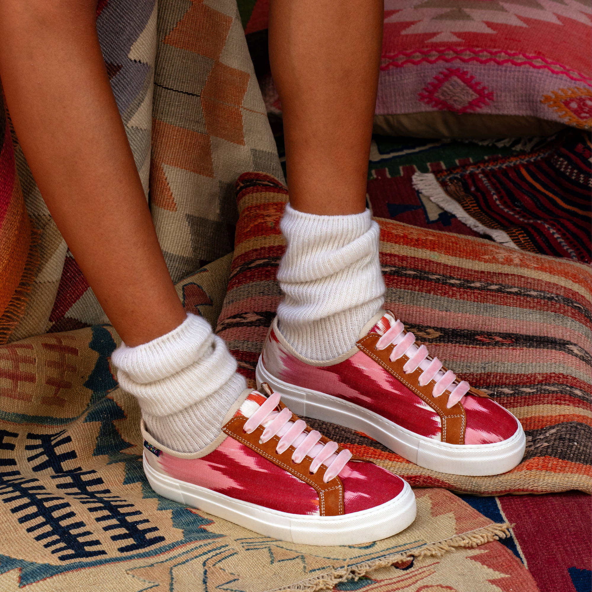 Pink and red Ikat silk sneakers with tan leather