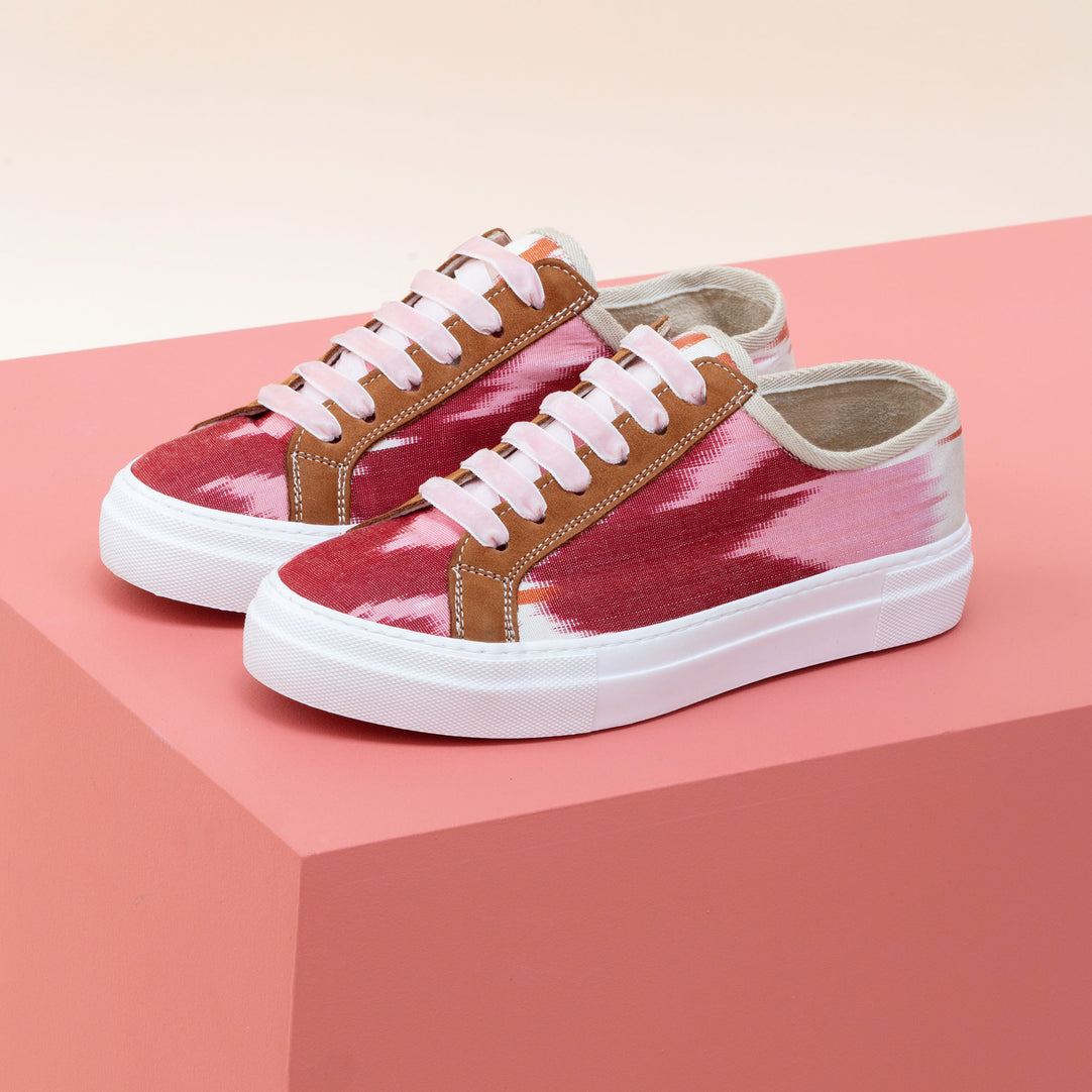 Pink and red Ikat Silk Sneakers with tan leather