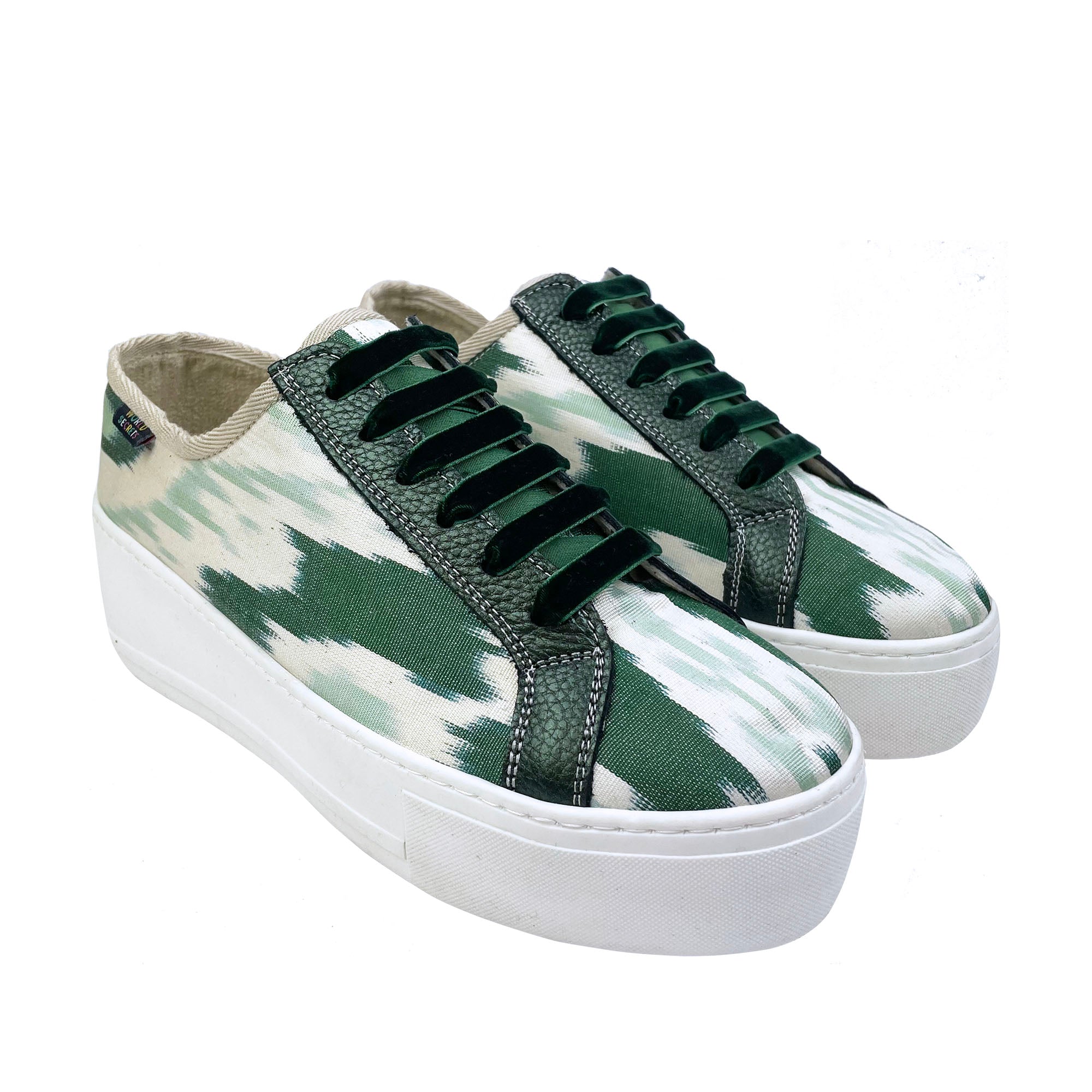 Green Ikat Silk platform sneakers with green velvet shoelaces
