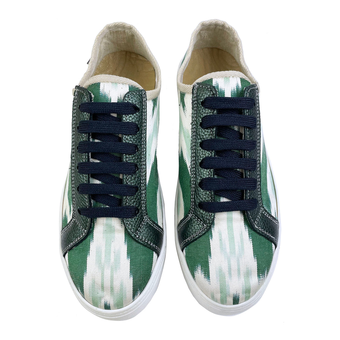 Green Ikat Silk platform sneakers with navy shoelaces
