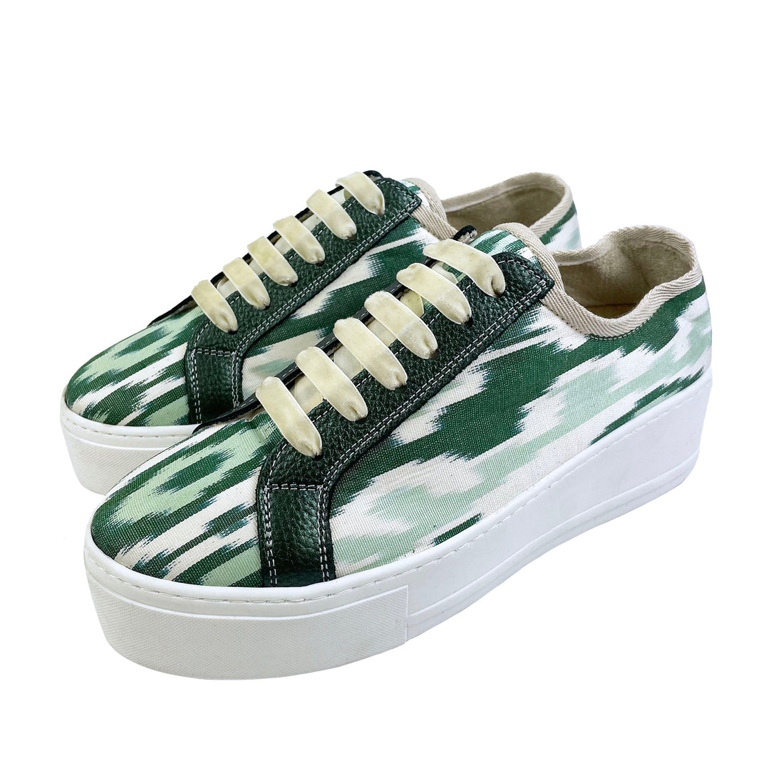 Green Ikat Silk platform sneakers with cream velvet shoelaces