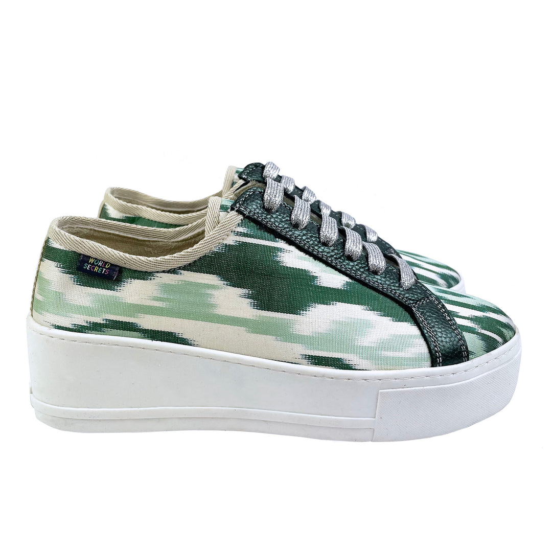 Green Ikat Silk platform sneakers with silver glitter shoelaces