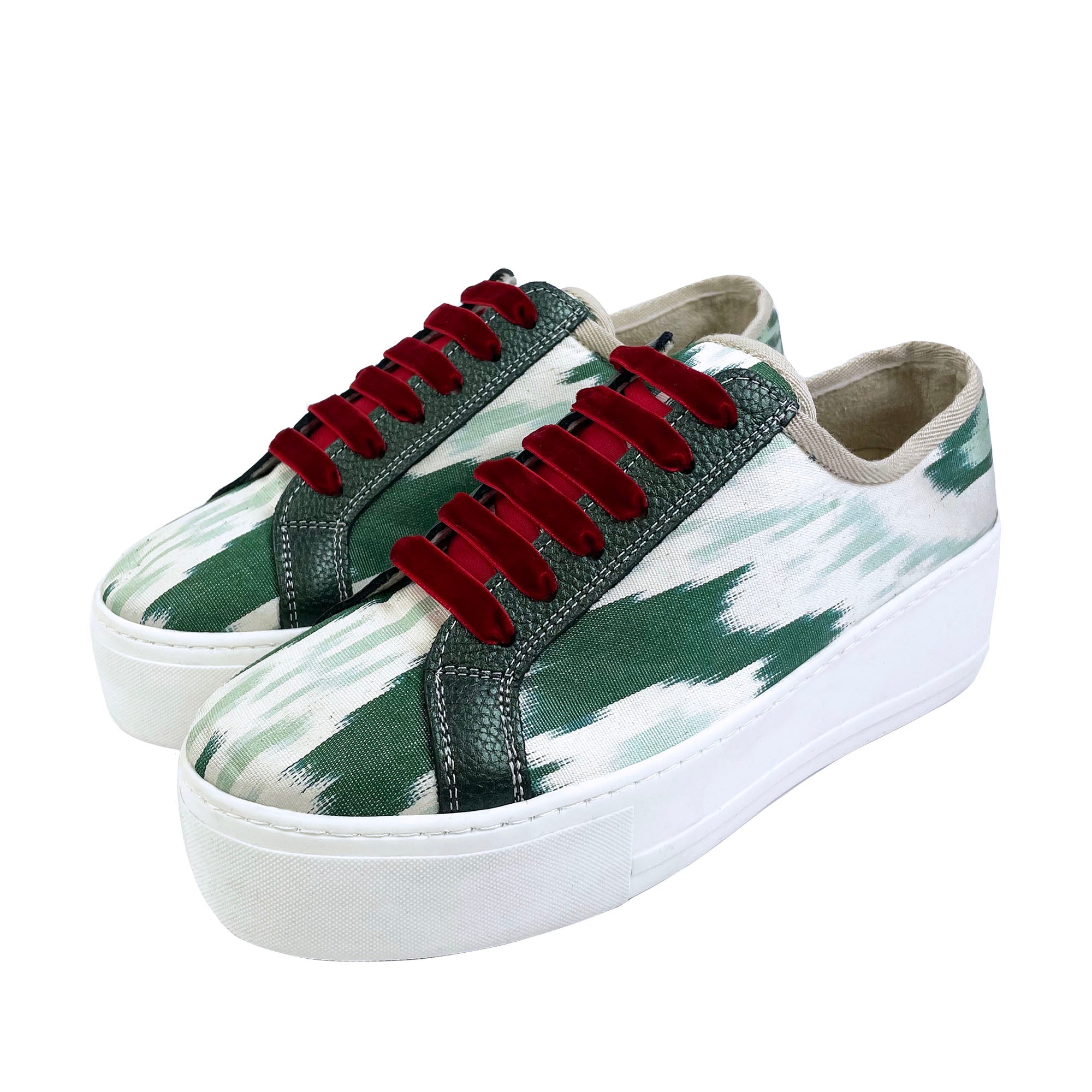 Green Ikat Silk platform sneakers with red velvet shoelaces