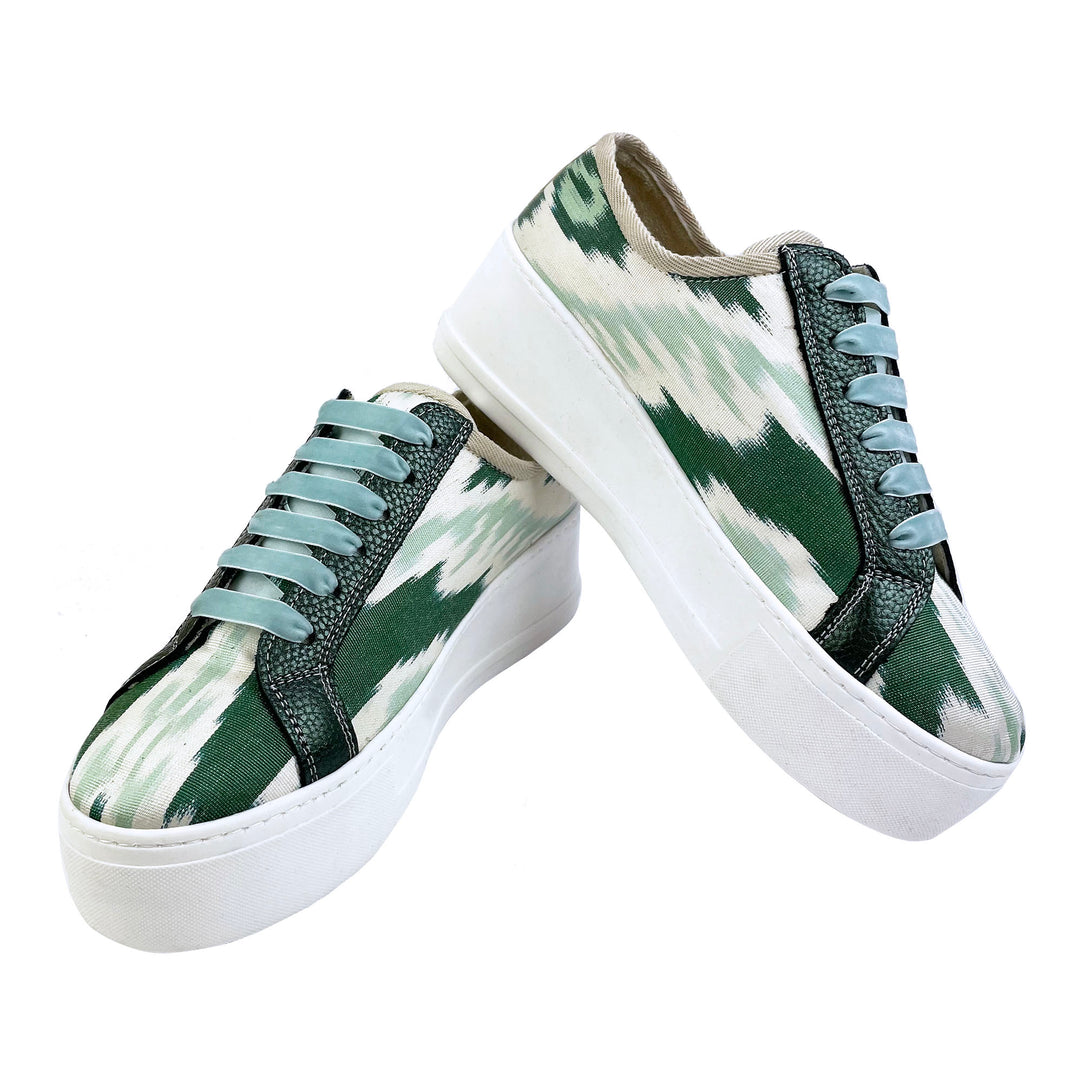 Green Ikat Silk platform sneakers with blue velvet shoelaces