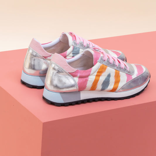 Pink, orange and grey Ikat silk 'Mighty Morphin' trainers with silver metallic leather and pale pink shoelaces