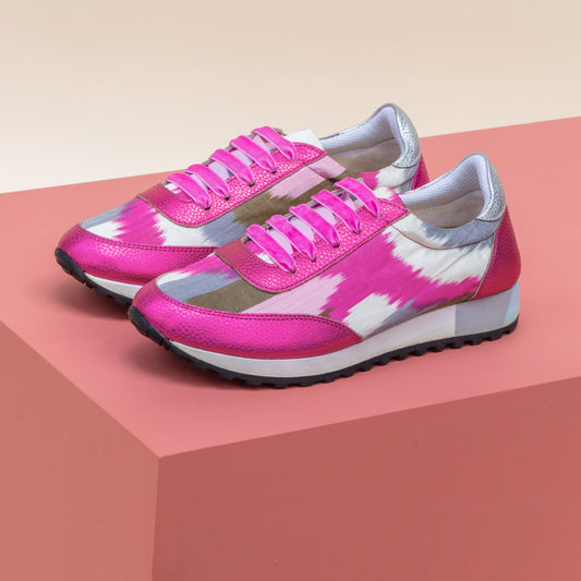 Pink, white, grey and green Ikat Silk trainers with pink metallic leather and pink velvet shoelaces