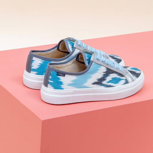 Blue, Black and white Ikat Silk Sneakers with Silver leather and blue velvet laces
