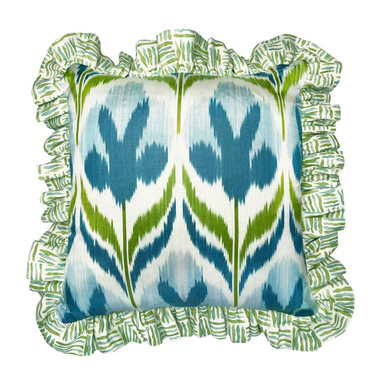 Blue Tulip - Small Ikat Ruffle Cushion