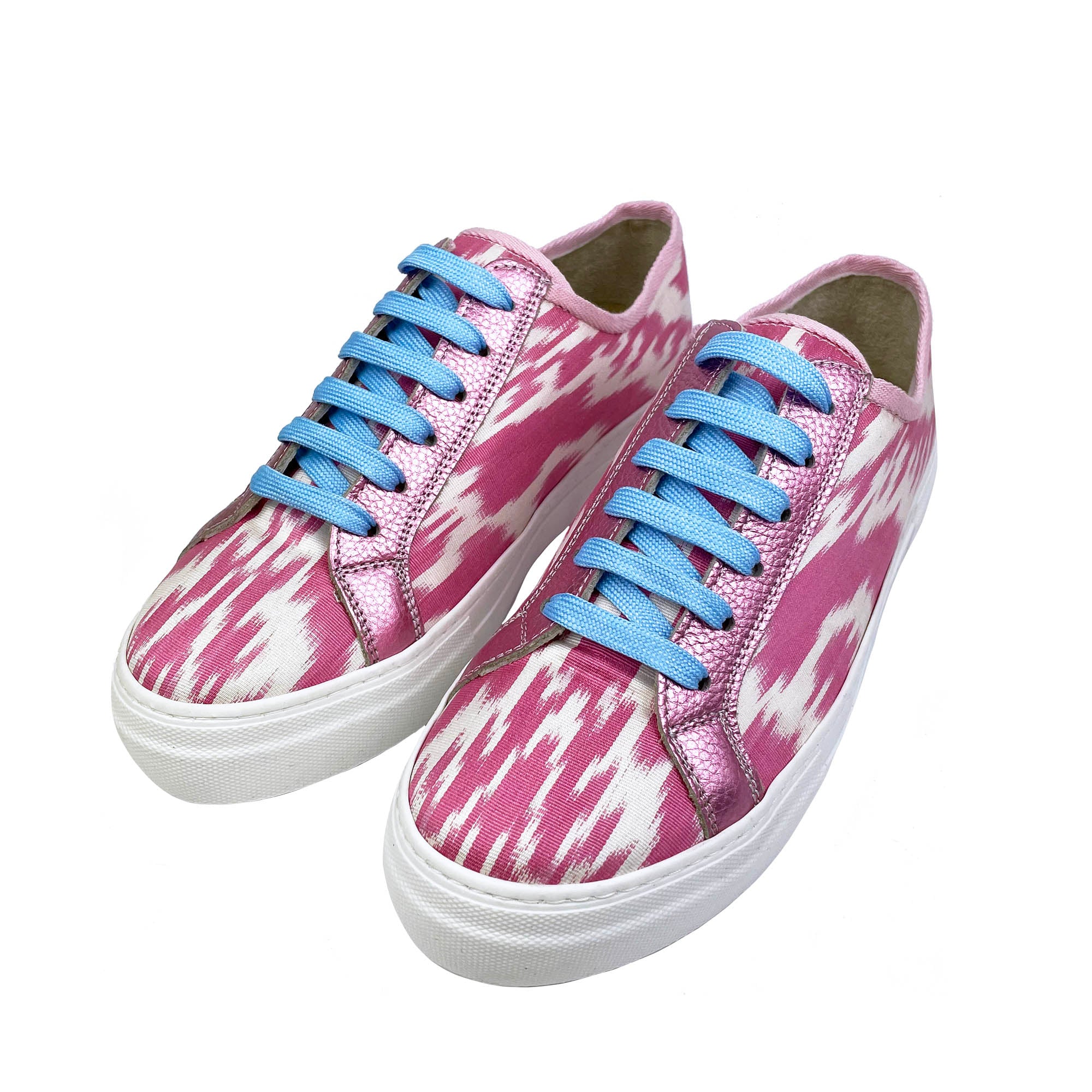 Pink Ikat Silk Sneakers with pale blue laces