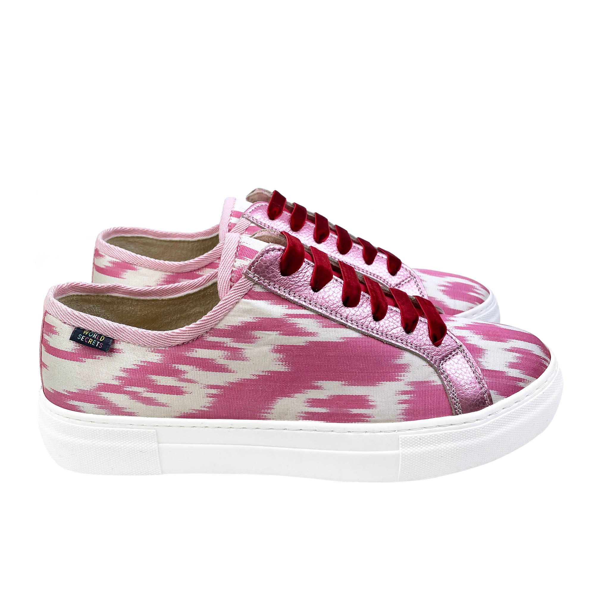 Pink Ikat Silk Sneakers with red velvet laces