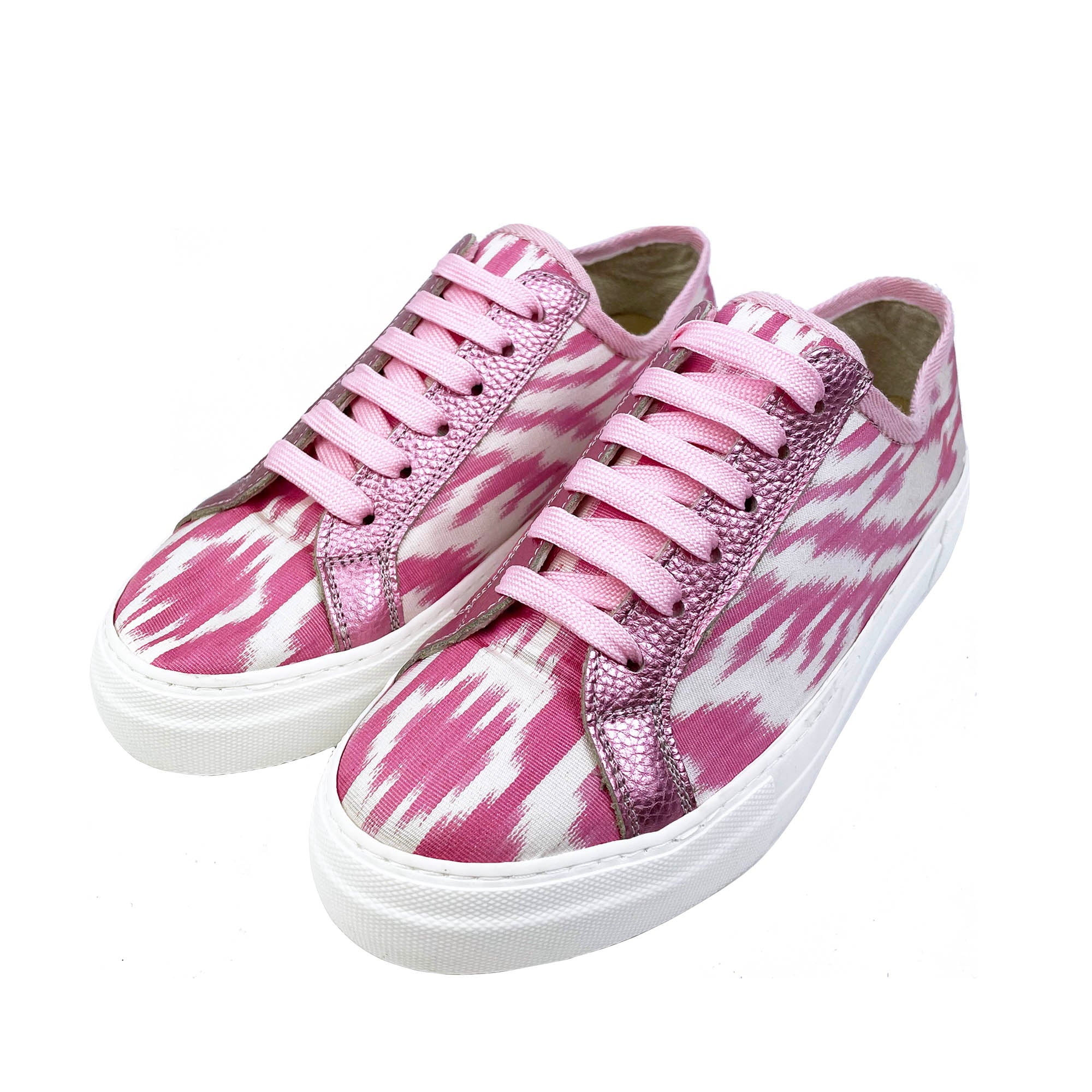 Pink Ikat Silk Sneakers with pale pink laces