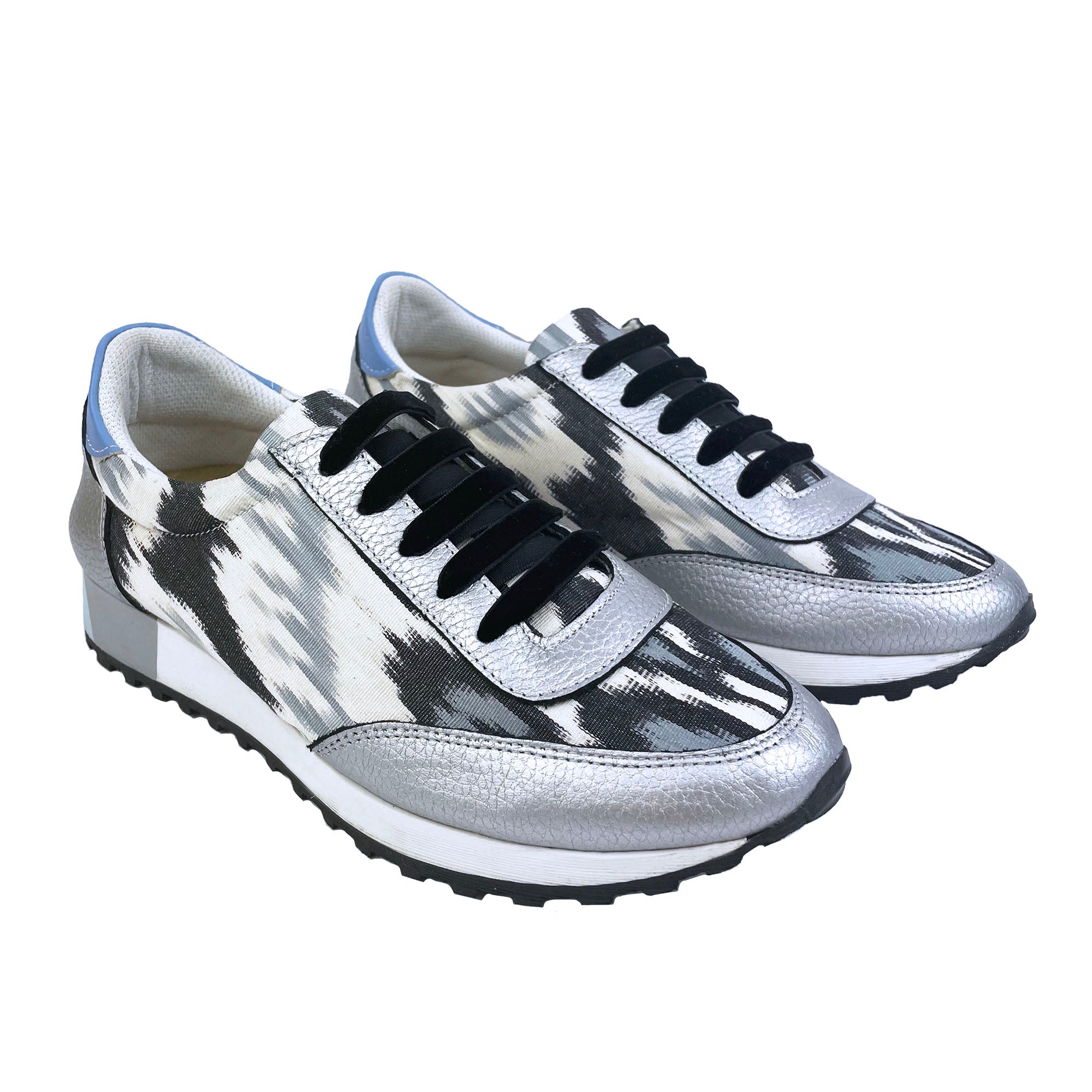 Black and white Ikat silk 'Mighty Morphin' trainers with silver leather and black velvet laces