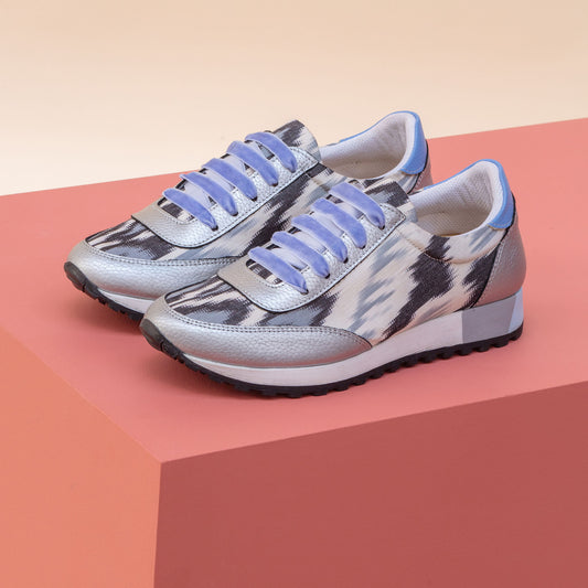Black and white Ikat silk 'Mighty Morphin' trainers with silver leather and lilac velvet laces