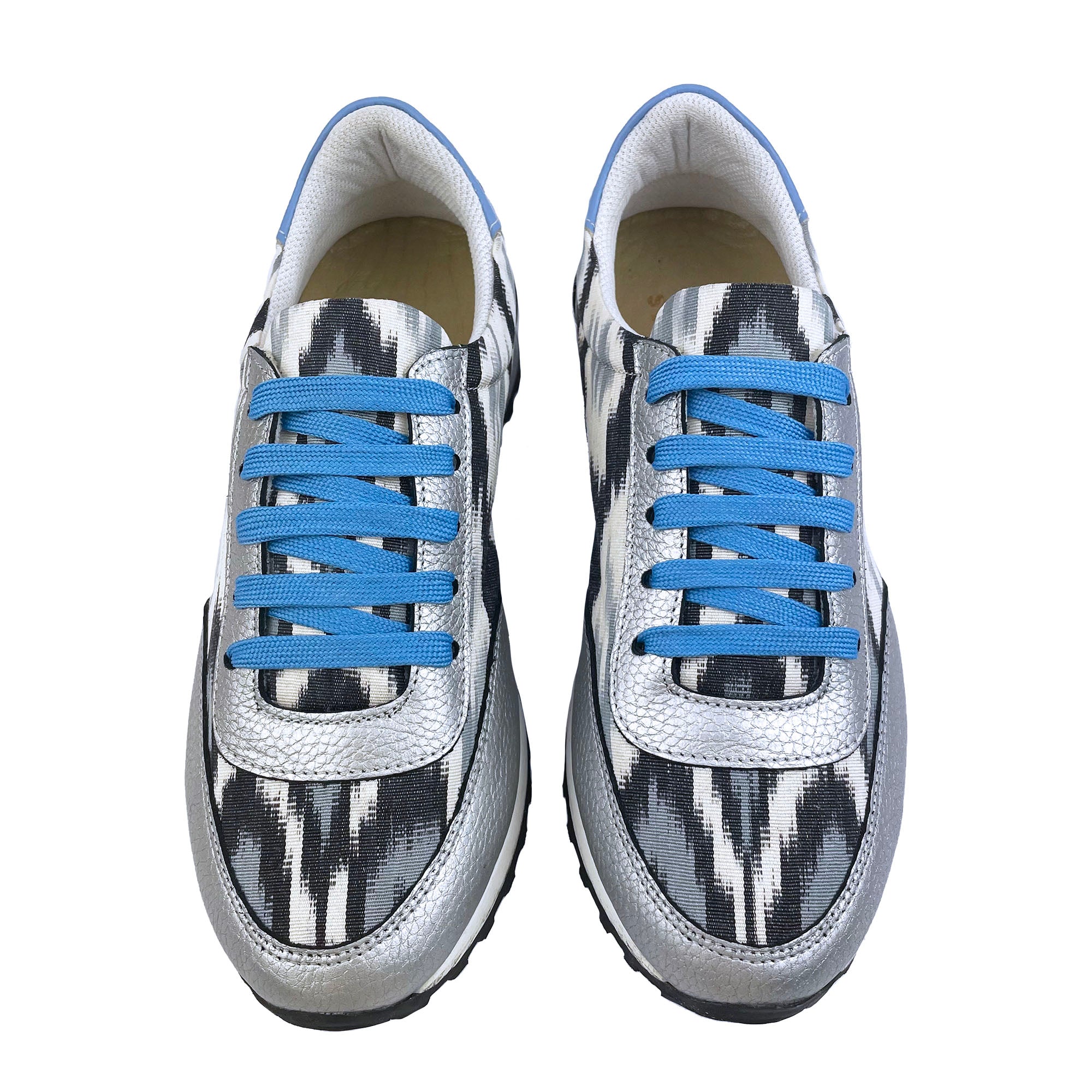Black and white Ikat silk 'Mighty Morphin' trainers with silver leather and blue laces