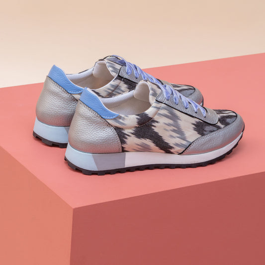 Black and white Ikat silk 'Mighty Morphin' trainers with silver leather and lilac velvet laces