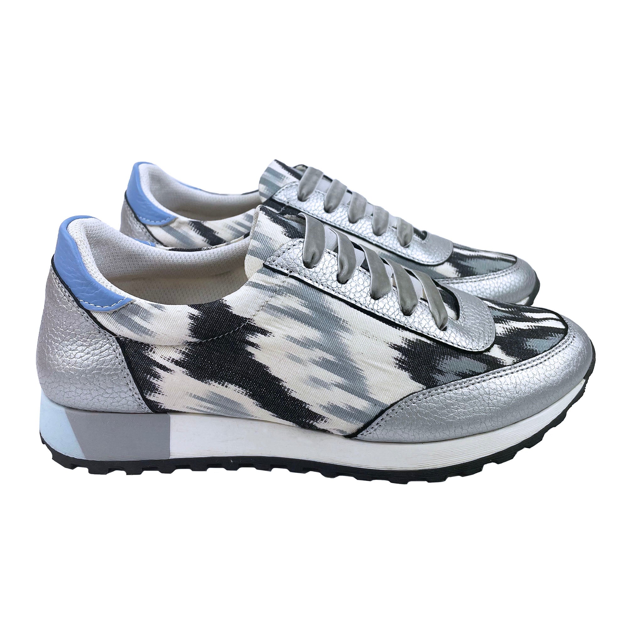 Black and white Ikat silk 'Mighty Morphin' trainers with silver leather and grey velvet laces