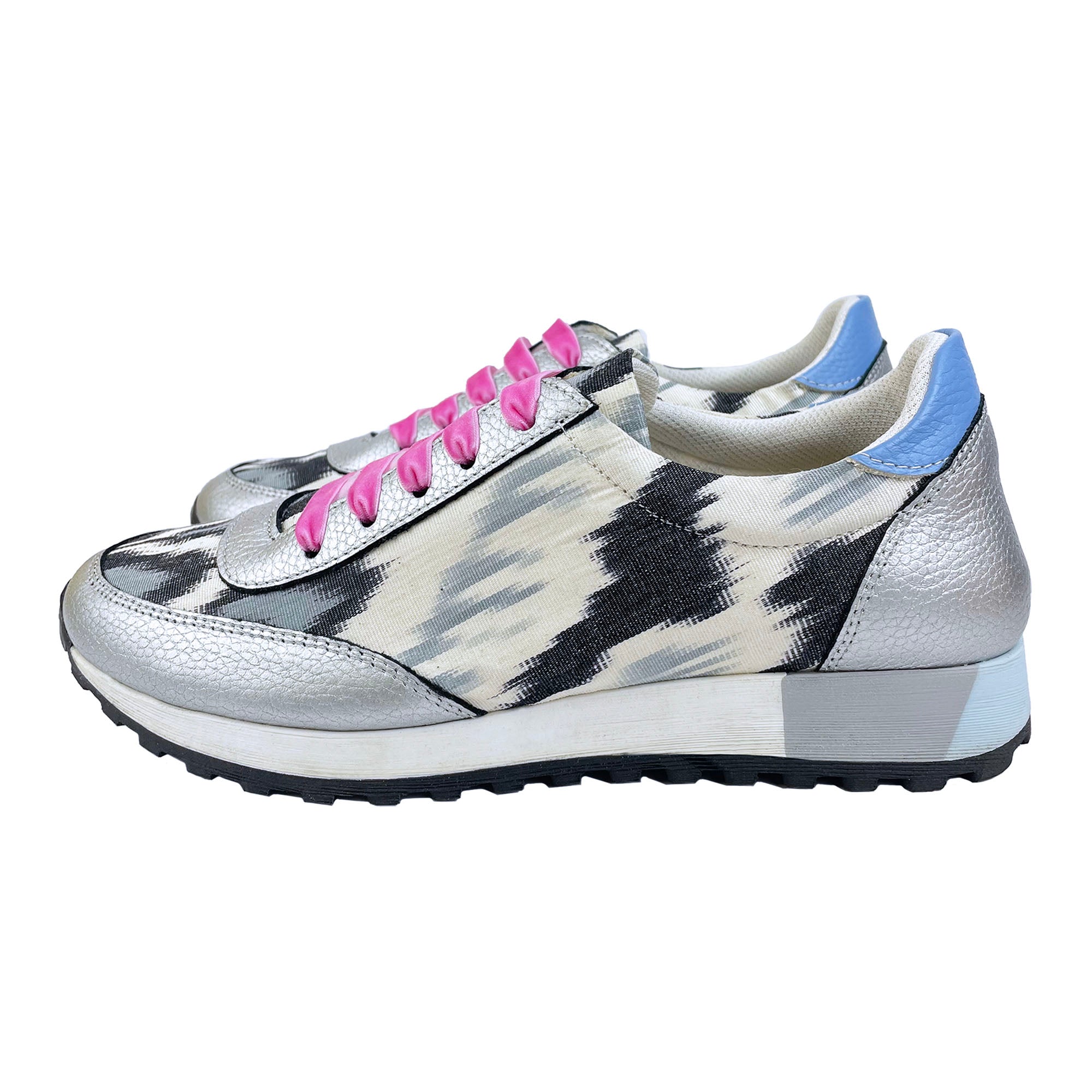 Black and white Ikat silk 'Mighty Morphin' trainers with silver leather and pink velvet laces