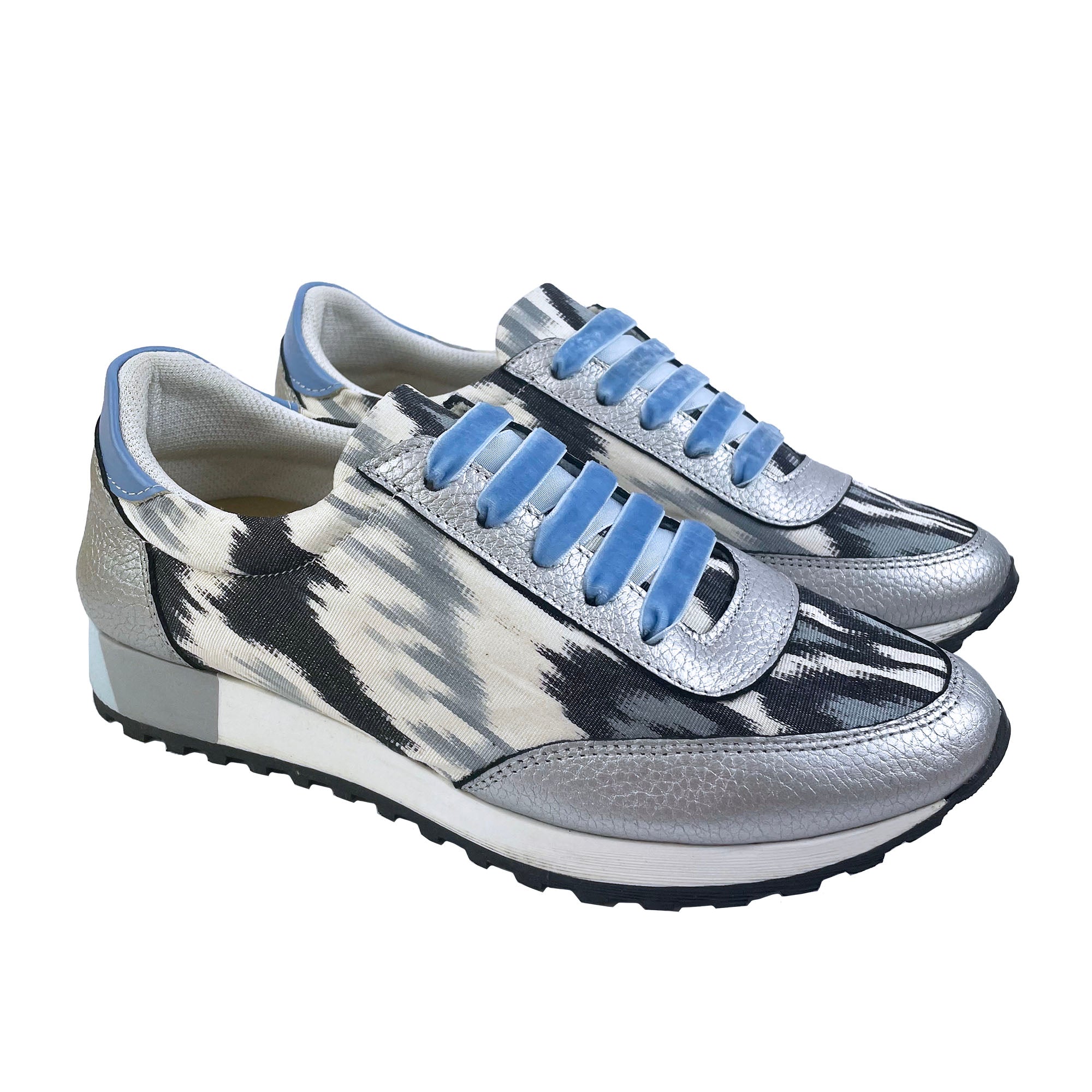 Black and white Ikat silk 'Mighty Morphin' trainers with silver leather and blue velvet laces
