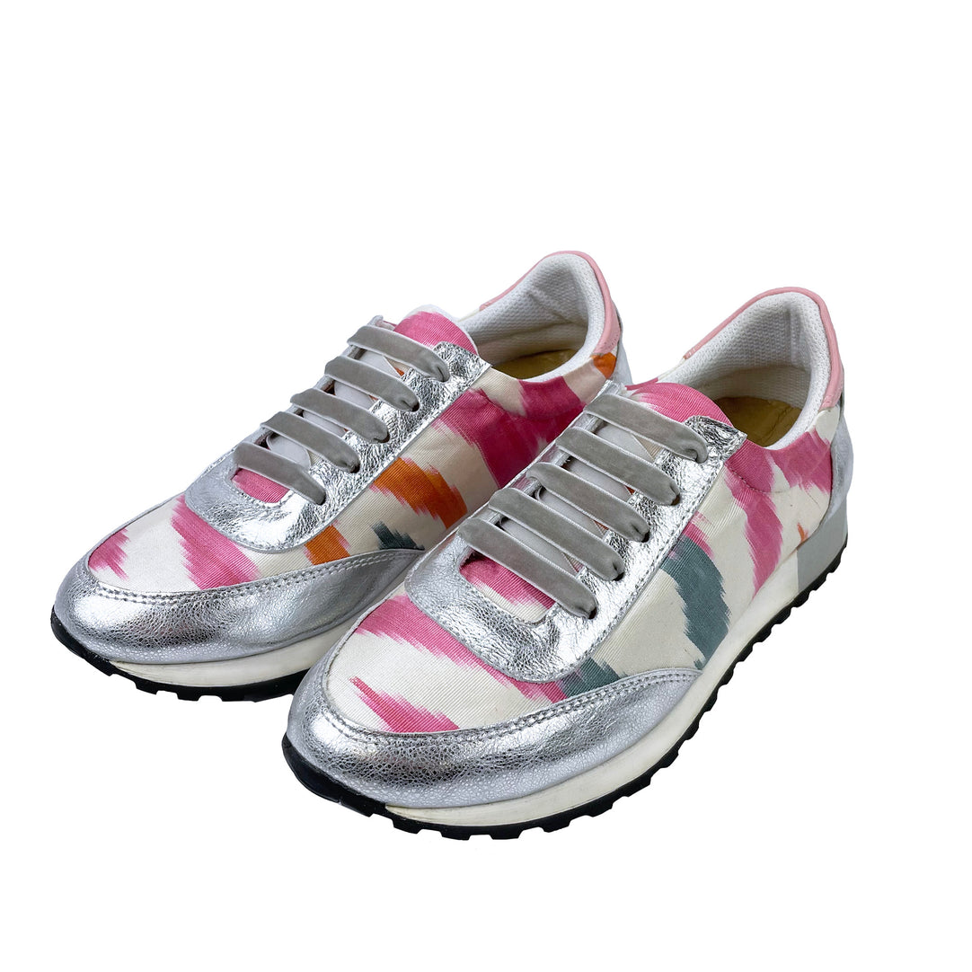 Pink, orange and grey Ikat silk 'Mighty Morphin' trainers with silver metallic leather and grey velvet shoelaces