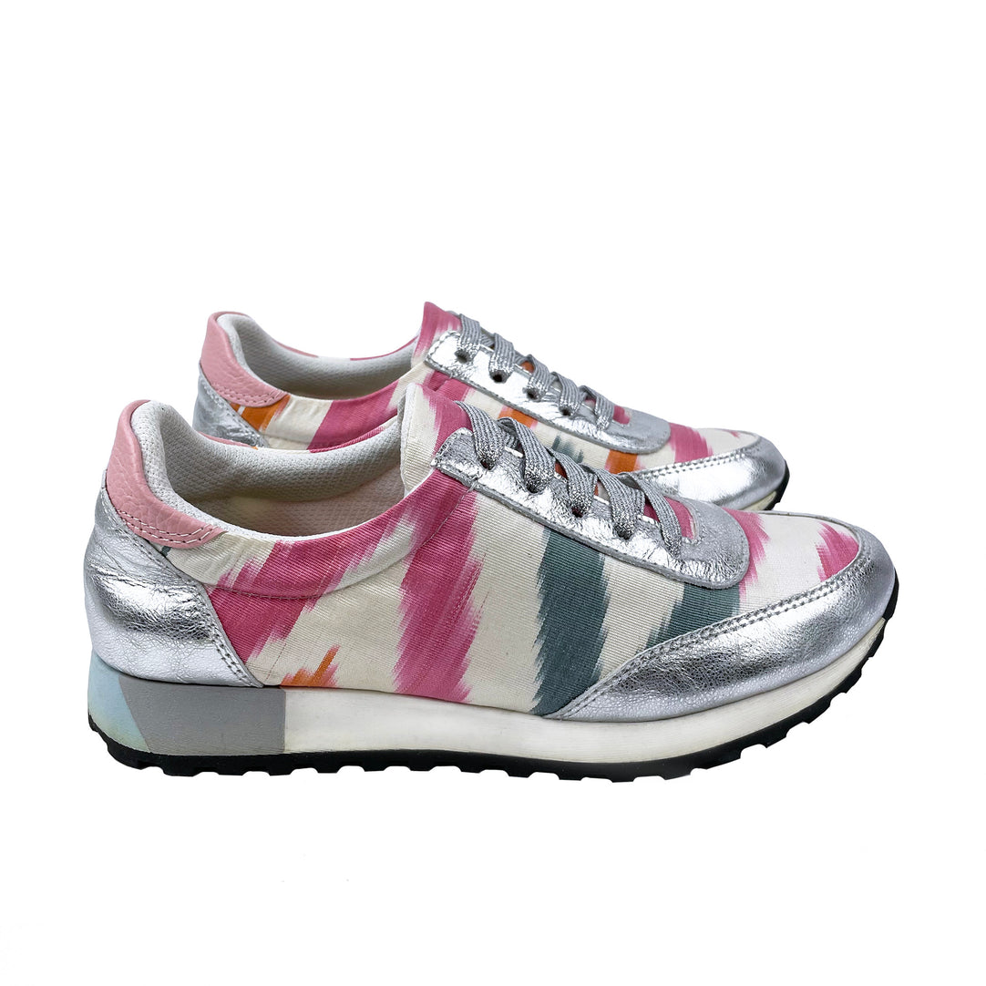 Pink, orange and grey Ikat silk 'Mighty Morphin' trainers with silver metallic leather and silver glitter shoelaces