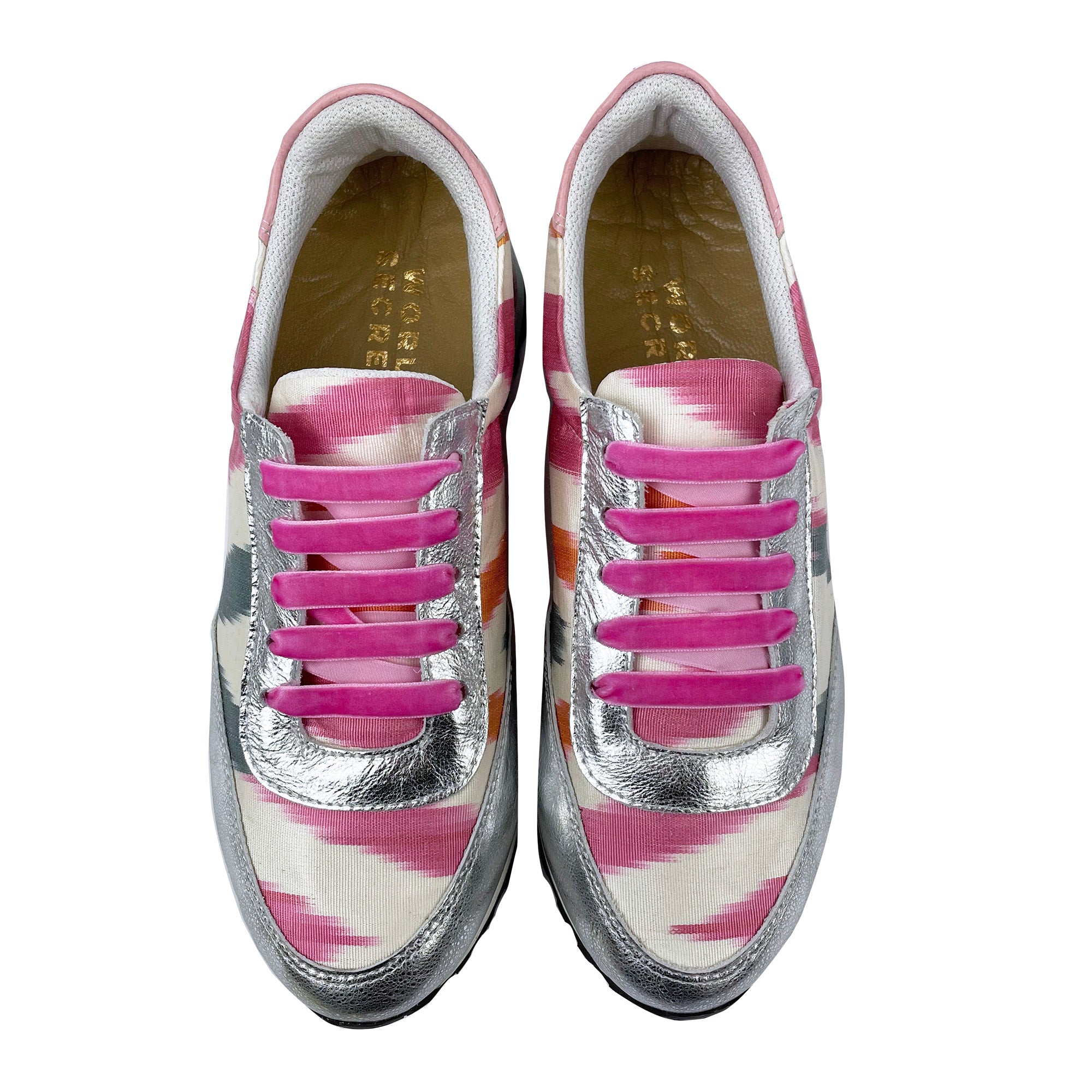 Pink, orange and grey Ikat silk 'Mighty Morphin' trainers with silver metallic leather and candy pink shoelaces