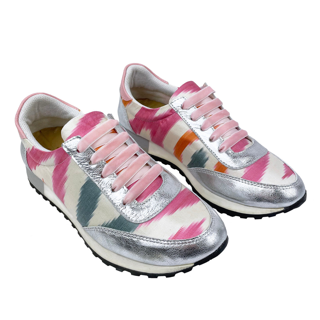 Pink, orange and grey Ikat silk 'Mighty Morphin' trainers with silver metallic leather and pale pink velvet shoelaces