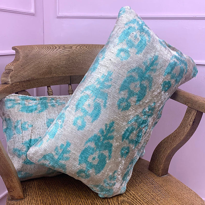 Aqua - Ikat Velvet Cushion
