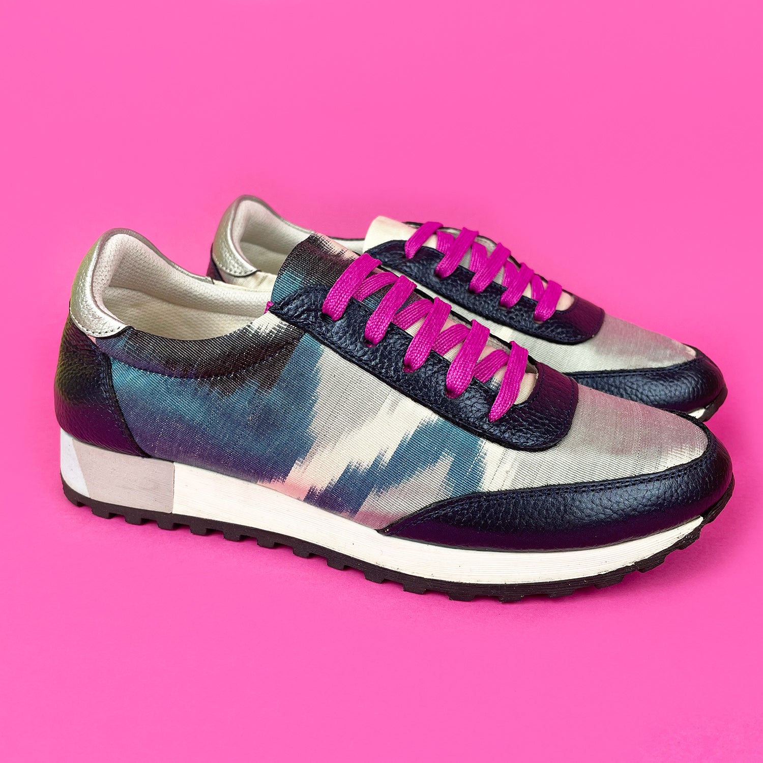 Blue and white Ikat silk trainers with navy metallic leather and cerise pink laces 