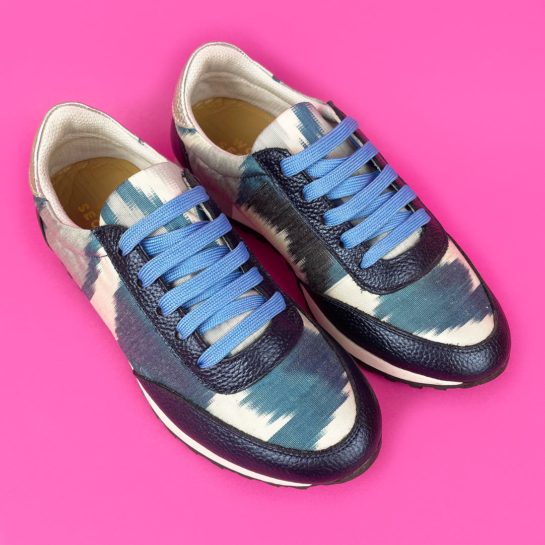 Blue and white Ikat silk trainers with navy metallic leather and blue laces 