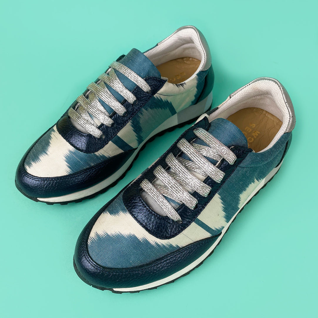 Blue and white Ikat silk trainers with navy metallic leather and silver glitter
