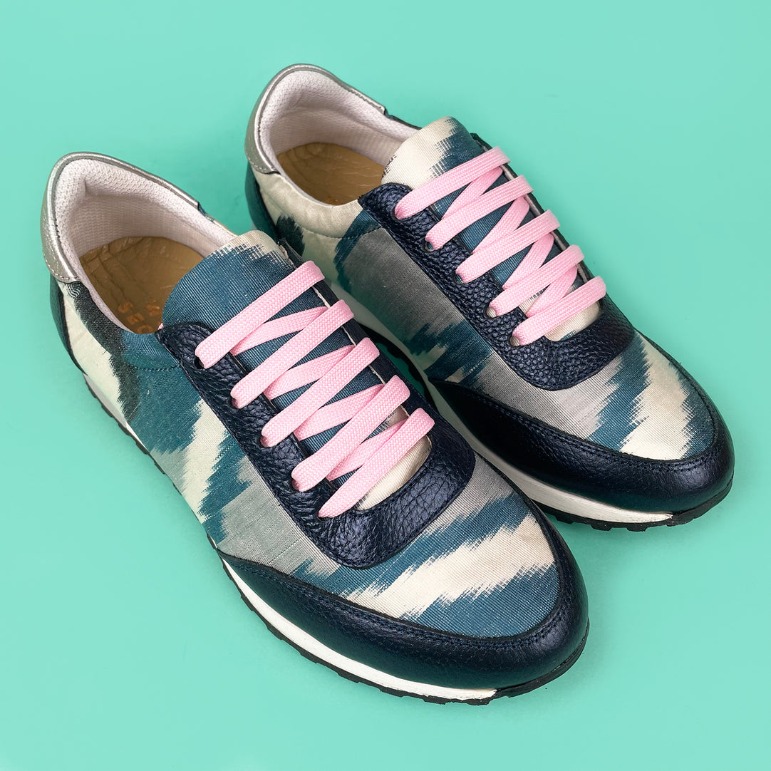 Blue and white Ikat silk trainers with navy metallic leather and pale pink laces 