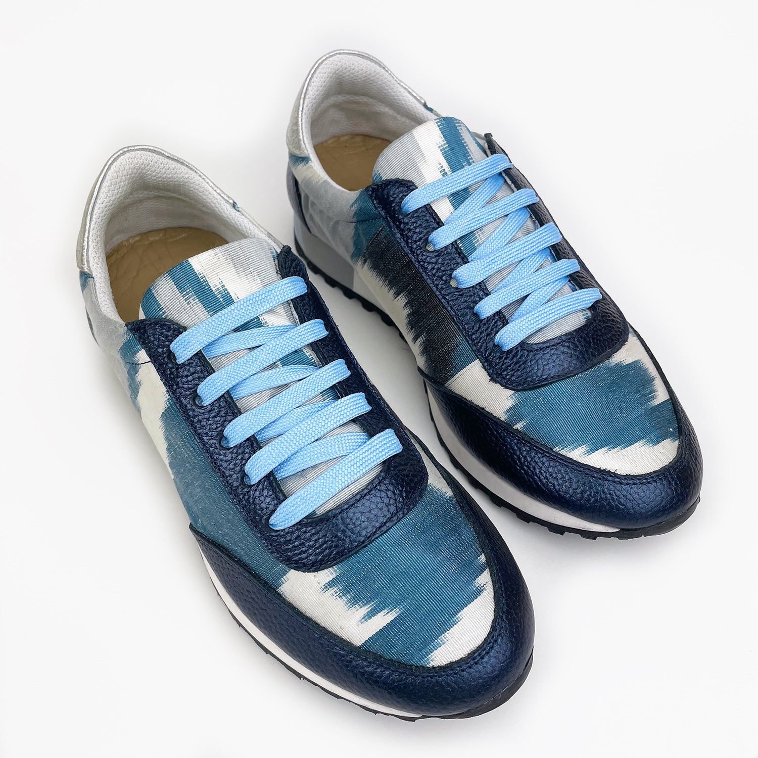 Blue and white Ikat silk trainers with navy metallic leather and pale blue laces 