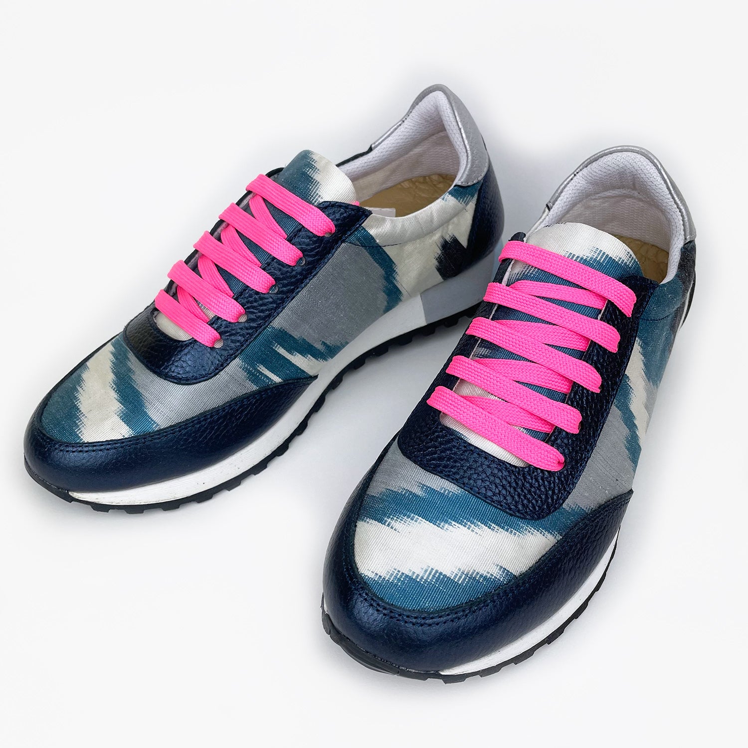 Blue and white Ikat silk trainers with navy metallic leather and pink laces 